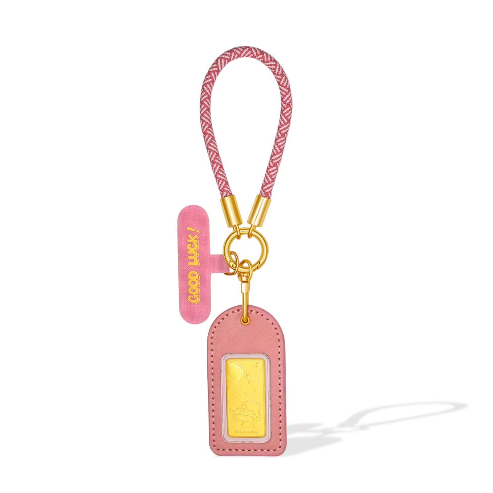 ZHOU LIU FU 24K Solid Gold Keychain Couple Cartoon Charm Leather Tag Braided Cord Good Lu…