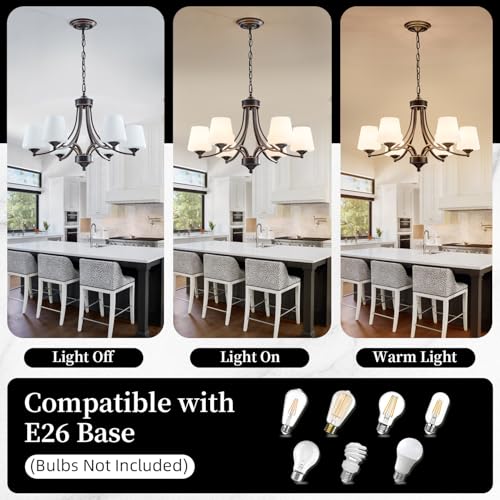 Image of 6-Light Farmhouse Chandeliers Black and Gold Dinner Room Light with Frosted Glass 47.2 inch Adjustable Pendant Ceilling Lighting Rustic Vintage Hanging Lamp for Kitchen Island Dining Table Living Room