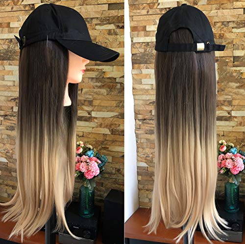 20" 22" 25" DevaLook Long Synthetic Straight Wavy Curly Ombre Hooded Hat Hair Extensions Baseball Cap Wig (22" Straight + Black Cap, Dark brown + sandy blonde)