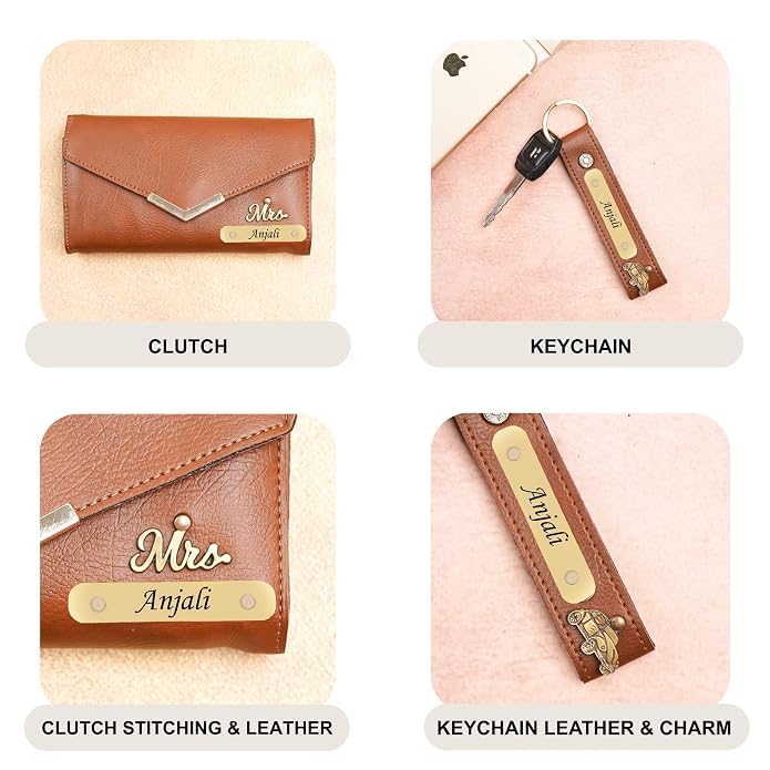 Image of WALLETKART Personalized Leather Women's Clutch with Name & Charm | Customized Clutch for Girlfriend Friend Wife Mother & Sister