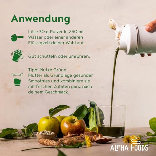 Grüne Mutter 2.0 - Das Original - Greens Shake - Akazienfaserpulver, Weizengras, Brennnessel, Mariendistel, Alfalfa, Chlorella und mehr - Smoothie Shake - 600g Pulver - Alpha Foods
