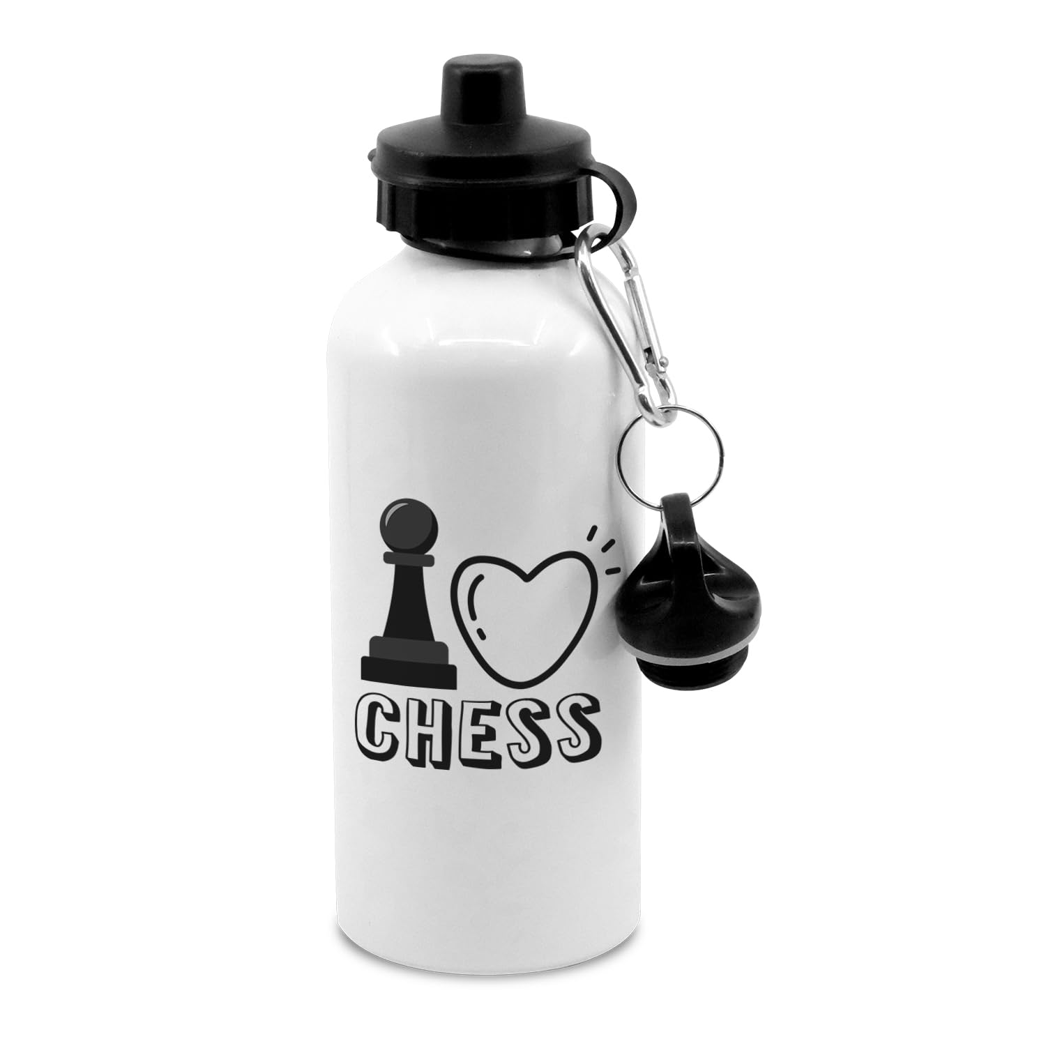 New Spirit Original Black text, I love chess water bottle with clip, chess player, chess game, games, game, chess accessories, chess board game, bottle, drinks bottle, drinks cup