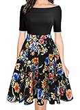 oxiuly Women's Vintage Off Shoulder Pockets Casual Floral A-Line Party Dress 232 (L, Black)