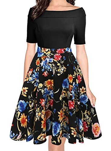 oxiuly Formal Half Sleeve Spring Vintage Black Dresses for Women Elegant Pretty Cocktail Graduation Homecoming Party Special Occasion Dinner Date Concert Dresses OX232 Black Floral L