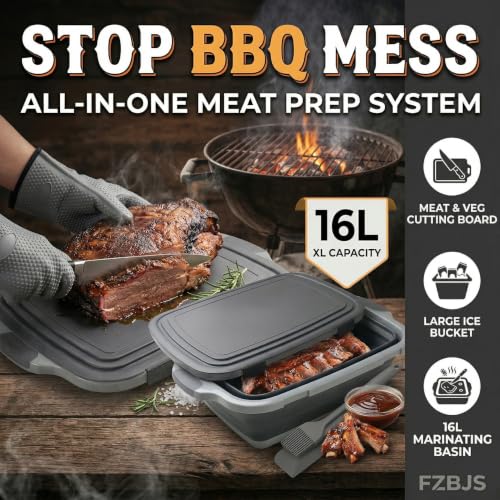 FZBJS Collapsible BBQ Prep Tub with Lid & Integrated Cutting Board, 16L XL Meat Marinating Basin with Drain Plug, Foldable Grill Prep Station with Heat-Resistant Gloves, Brush & Spatula (X-Large, 16L) - Image 2