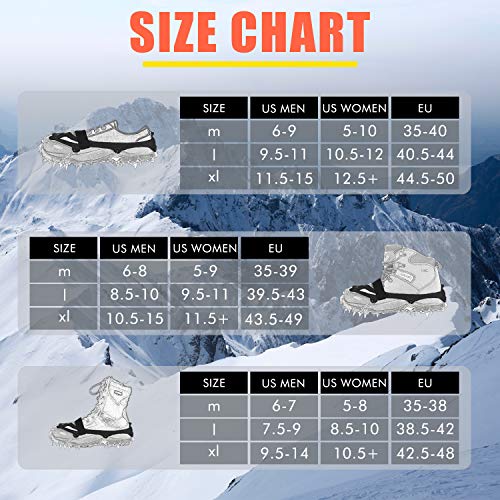 Crampons Ice Cleats Traction Snow Grips with 19 Spikes for Women Men Kids Boots Shoes Safe Protect Lightweight Crampons, Hiking, Walking, Climbing, Jogging Mountaineering on Ice and Snow (L)