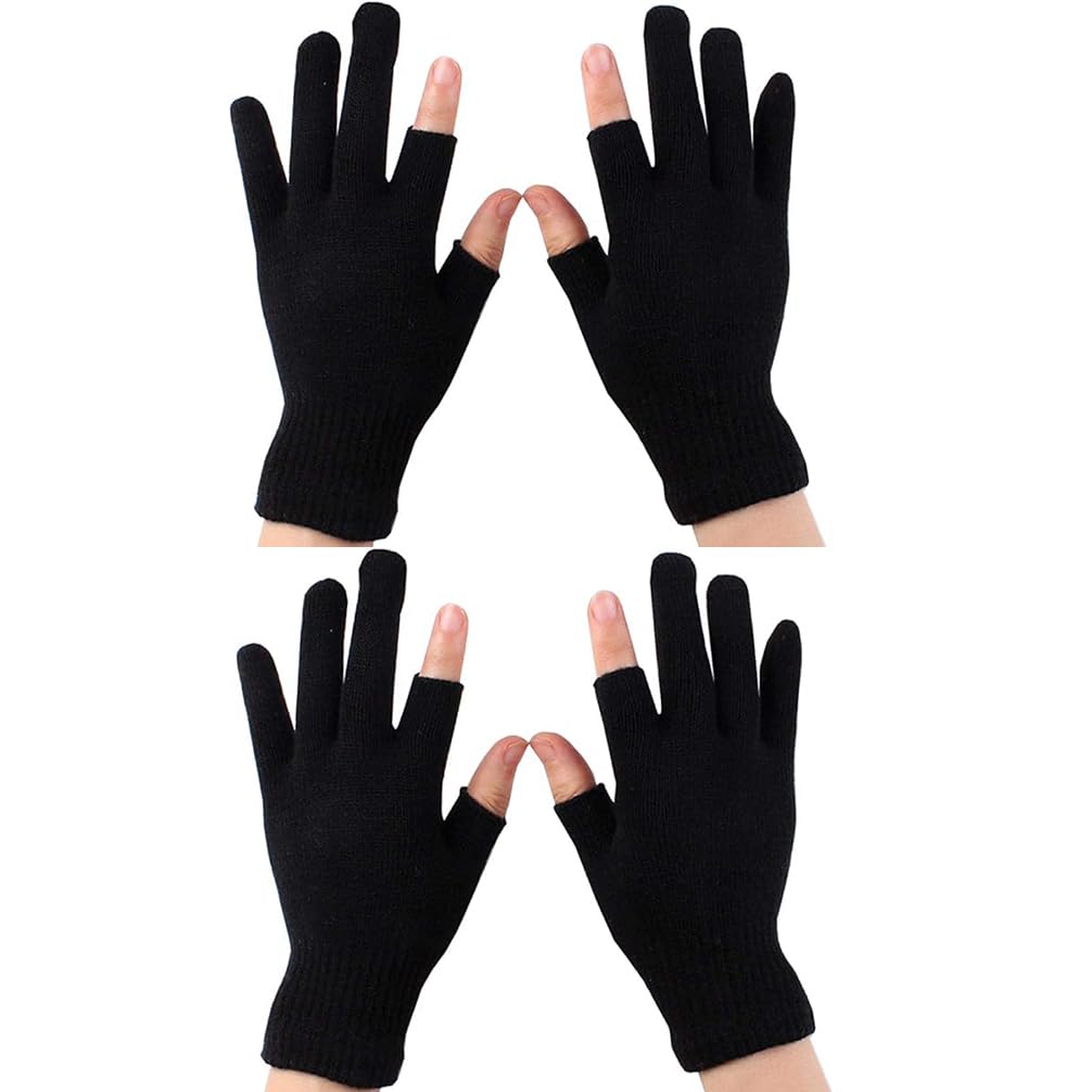 Luwint Youth Touch Screen Gloves, 2-Pairs Fingerless Knit Gloves for Teens, Thin Texting Gloves for Phone Use, Driving, Cycling, Photography​, Black