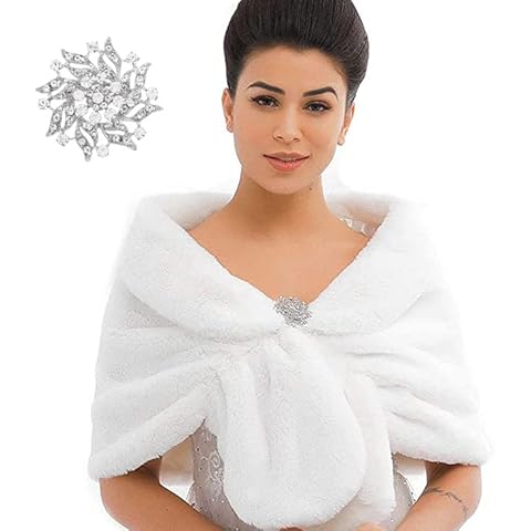 Sakytal Women's Wedding Faux Fur Wraps and Shawls Bridal Fur Stoles with Brooch for Bride and Bridesmaids Cover