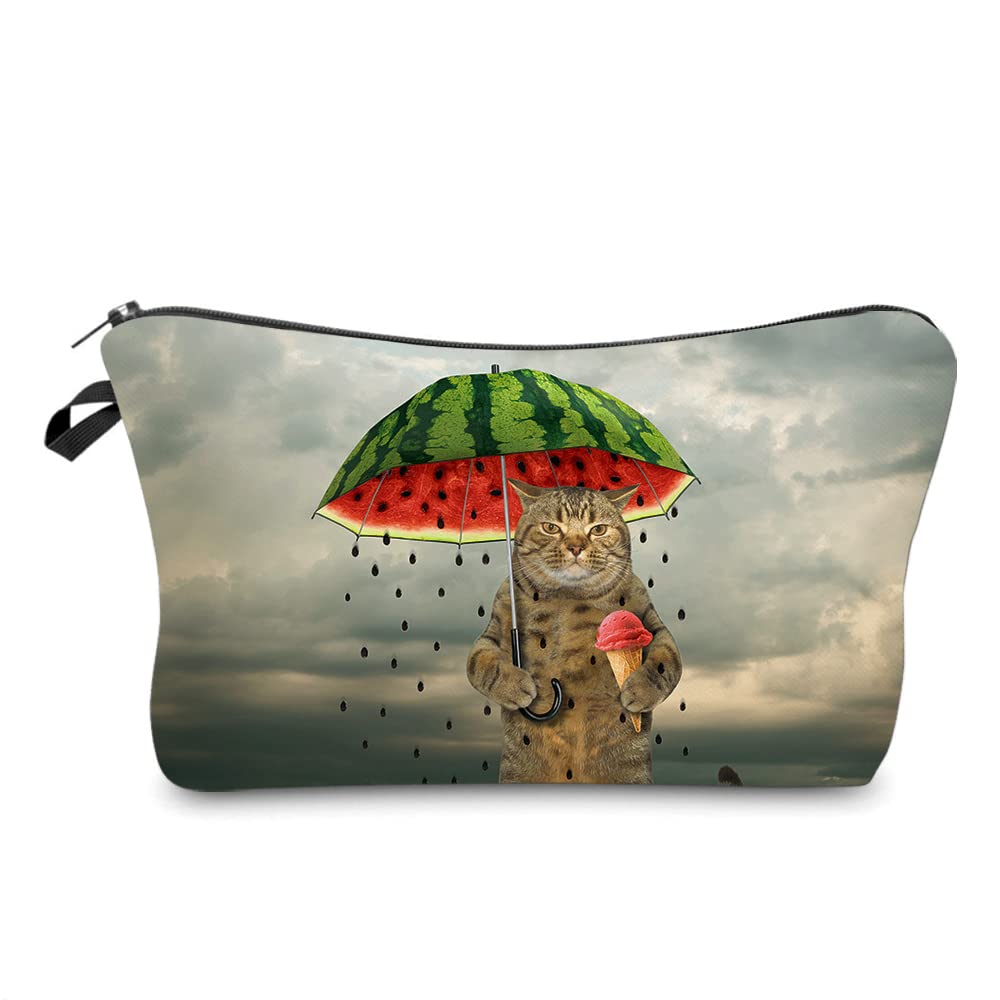 OmewigraCosmetic Bags for Women Small Funny Cat Holding Watermelon Umbrella Ice Cream Makeup Bag for Purse Travel Toiletry Bag Accessories Organizer Zipper Pouch Gift Idea