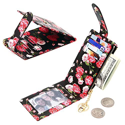 Image of Badiya Slim Women Wallet RFID Blocking Bifold Compact 9 Card Slots Holder Wallets Soft Leather with Zipper Coin Pocket 2 ID Window