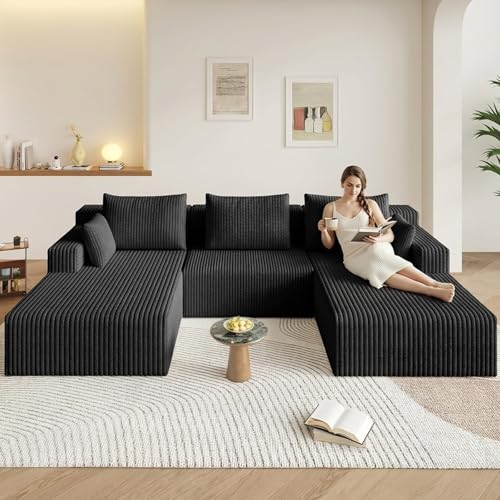 Image of 107 inch W Cloud Sectional Couch,Modern U-Shaped Cloud Couch with Deep Seat,Comfy Corduroy Sofa,Memory Foam Sofa for Living Room,No Assembly (Jet Black,Right-Facing Chaise)