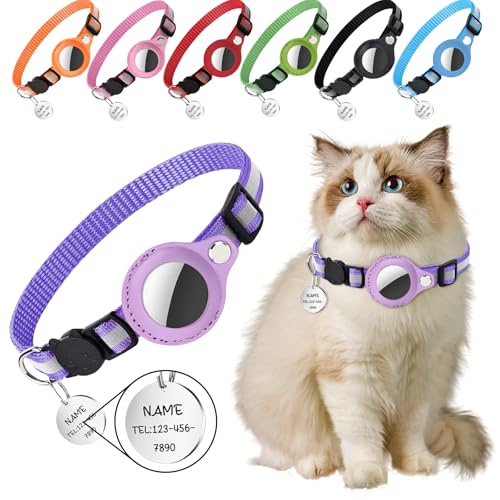 Collare per Gatto Personalizzato con GPS Localizzatore, Targhetta con Nome e Striscia Riflettente, Collare per Gattini con Motivo Personalizzato (Morado)