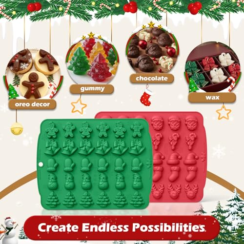 Image of HKNMTT Christmas Silicone molds for Xmas Candy Chocolate Wax Decor, 60 Cavity 11 Shapes Gummy Mould, Including Tree Santa Cane Hat Socks Elk Gingerbread Man Bell Glove Snowman Food Grade DIY Set