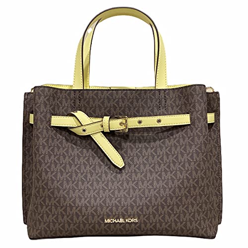 Michael Kors Emilia Large Satchel Crossbody Signature MK Brown Buttercup Yellow