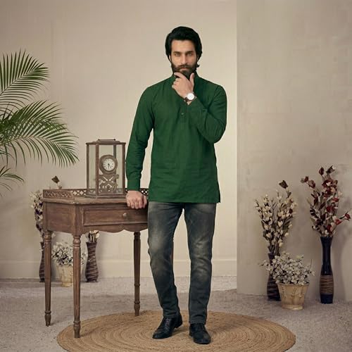 Image of Men's Cotton Regular Short Kurta | Casual & Ethnic Wear with Long Sleeve