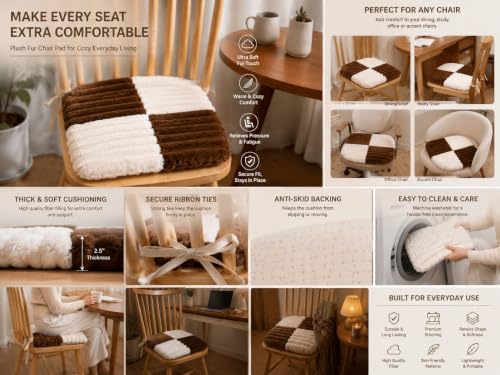 Image of Amazon Brand - Umi Brown & White Checkerboard Faux Fur Chair Seat Cushions, 16x16 Inch Fluffy Dining Chair Pads with Ties, Foam-Filled Rustic Farmhouse Chair Pads, Set of 2