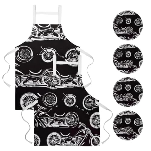 Lot de 2 tabliers de cuisine multicolores avec 4 broches et motif motos