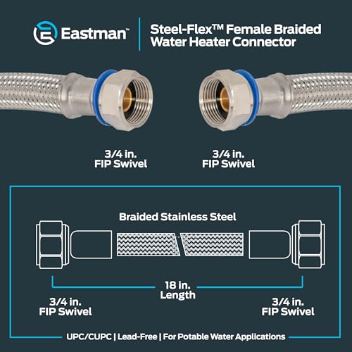 Image of Eastman 18 Inch Steel-Flex Water Heater Connector, 3 /4 Inch x 3 /4 Inch FIP Swivel, Braided Stainless Steel Water Heater Connectors, 48251