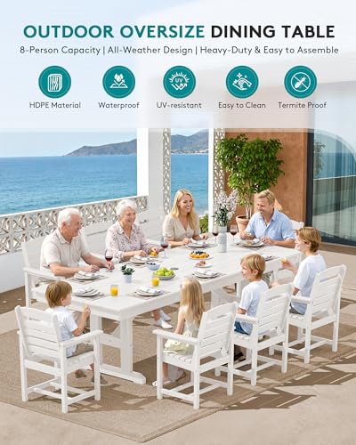 Image of SERWALL Outdoor HDPE Dining Chairs Set of 4 with Arms & Widended Seat,White | Weather-resistant dining chairs resist fading and cracking, with armrests and widened seat for extra comfort.