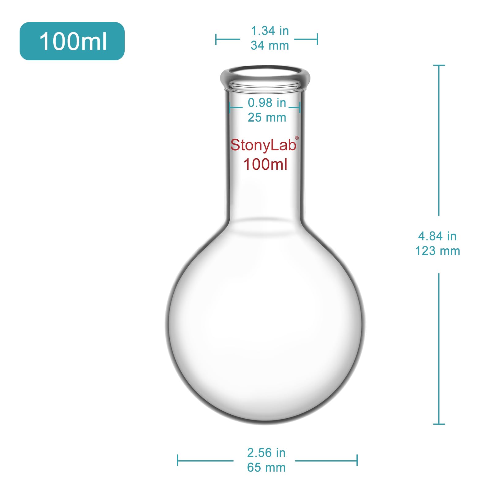 Matraz Fondo Redondo Cuello Largo de Cristal Borosilicato Pared Gruesa RBF 100ml