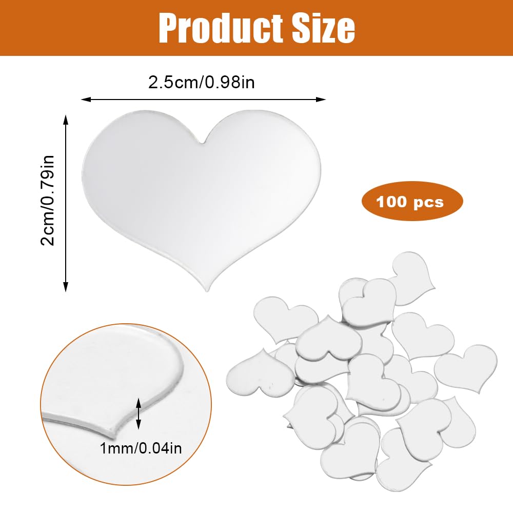 100 PCS Tuiles de Miroir de Coeur, Amour Artisanat de Petits Miroirs, Petits Carreaux de Miroir en Acrylique, Tuiles de Miroir Artisanales pour Projets d'Artisanat, Encadrement, Décoration de Chambre