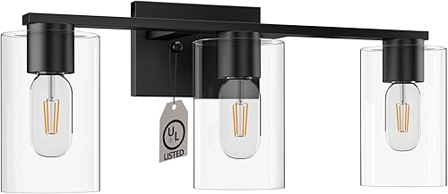 WILON Lámpara de tocador de baño, 3 lámparas negras de luz, luz de tocador moderna con pantalla de vidrio transparente, luces de base E26 sobre
