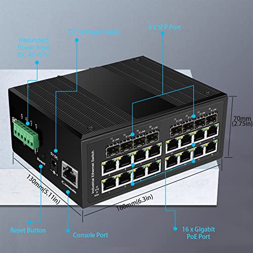 Image of Industrial Gigabit Managed PoE Switch - 16 Ports 10 /100 /1000Mbps Web Management DIN Rail PoE Switch with 8 SFP Slots, Network PoE Switch Support Ring Network, VLAN, STP, LACP, QOS