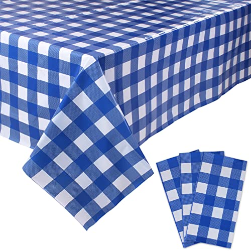 Image of Kesfey 3 Packs White and Blue Gingham Table Cloths 54 x 108 Inches Disposable Plastic Checkered Tablecloths Waterproof Rectangle Picnic Party Tablecovers for Birthday Party Dining Table Kitchens