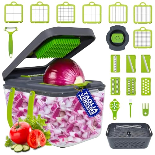 Avilia Taglia Verdure Multifunzione con 7 Lame Intercambiabili - Affettaverdure e Mandolina con Contenitore Integrato - Taglia Patate e Julienne con Protezione per Mani