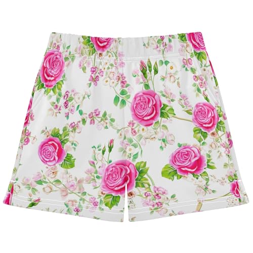 Girls Floral Pink Roses Athletic Shorts Comfy Summer Clothes Teens Pajamas Running Shorts, X-Small