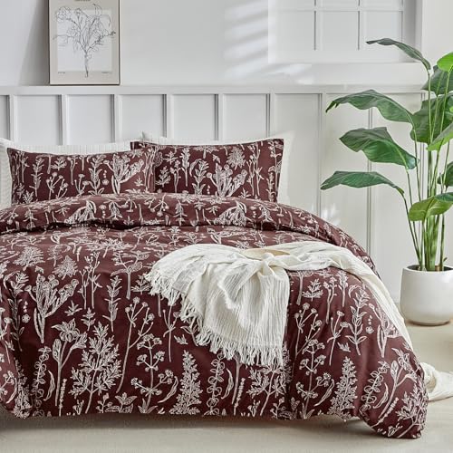 Image of Lekesky Floral Duvet Cover Queen Size, Burgundy Duvet Cover Queen Plant Flowers Pattern Bedding Set for All Season, Soft Breathable Comforter Cover with Zipper Closure & Corner Ties