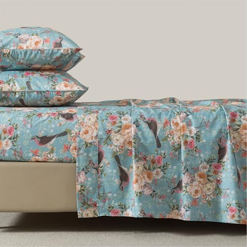 FADFAY 100% Cotton Cal King Sheet Set, Mint Green Floral Bird Print Bedding