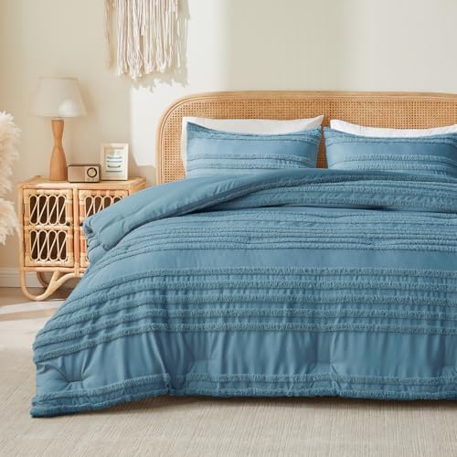 Image of BEDELITE Boho King Size Comforter Set - Dusty Blue Tufted Striped Bed Set 3 Pieces, Soft Vintage Farmhouse Comforter for All Seasons, Boho Home Decor,Fluffy Jacquard Bedding with Pillow Sham