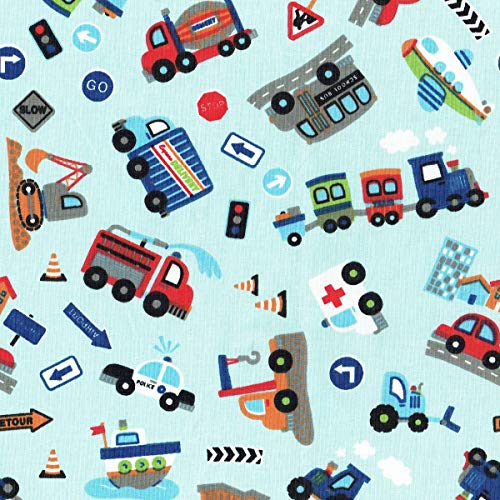 Textiles français On The Move fabric - Multicoloured vehicles on Sky Blue base cloth | 100% Cotton Designer Print Children’s Fabric | 160 cm (63 inches) wide | Per half metre length increment*