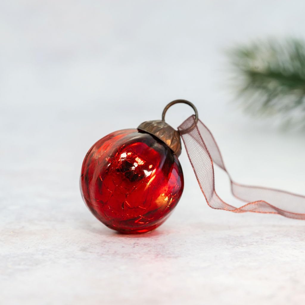 Arthur Cameron Red – Handmade, Mouth-Blown 1" Ribbed Glass Mini Baubles With Bronze Cap, Ribbon & Organza Bag – Elegant Small Christmas Baubles & Christmas Hanging Decorations (Red)