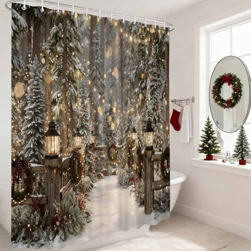 Winter Forest Snow Shower Curtain Christmas Snowy Pine Foggy Forest Snowflake Bath Decor Polyester Fabric Curtains 70X70 Inch