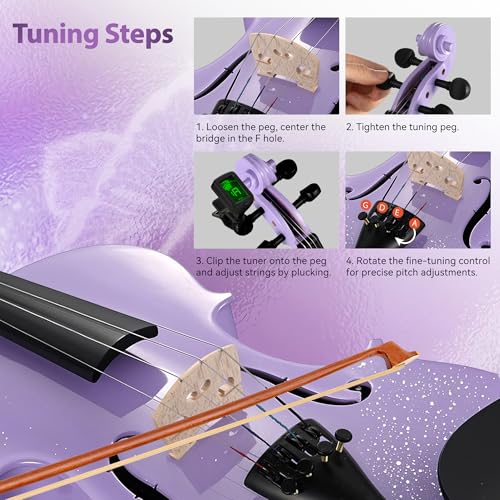 Image of Poseidon Acoustic Violin for Beginner, Full Size Violin Set for Students with Hard Case, Extra 4 /4 Strings Set, Violin Bow, Horse Bridge, Violin Rosin, Shoulder Rest, Clip-on Tuner, Manual - Purple
