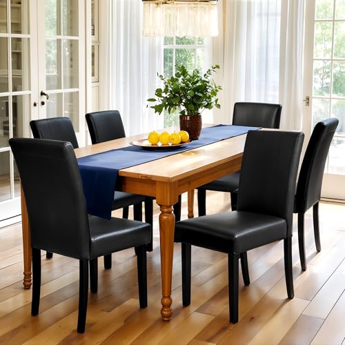 CHUN YI Dining Chairs Set of 6, Leather Dining Room Chairs, Upholstered Parsons Side Chairs for Dining Room Kitchen Restaurant with Sturdy Wood Legs, Black (Only Chairs)