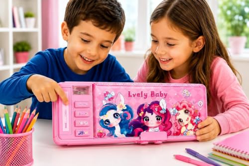 Image of Invite Multifunction Pencil Box for Girls with 2-Digit Password Lock, Built-in Sharpener & Calendar, Dual Sided Magnetic Geometry Compass Box with Pop-up Buttons, School Gift