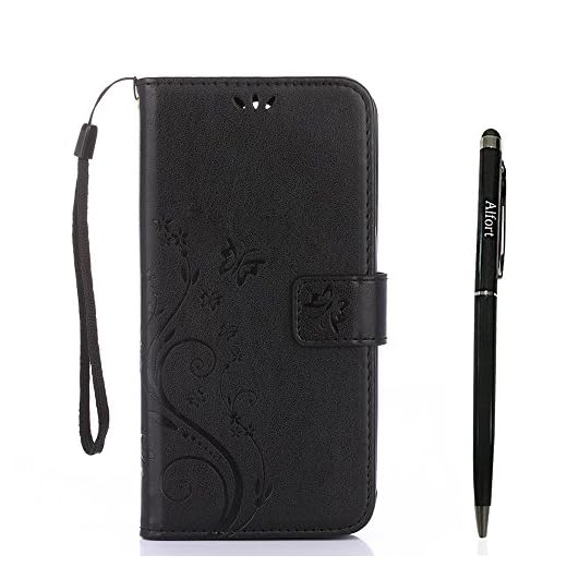 Alfort Samsung Galaxy A5 (2017) fodral, Samsung Galaxy A5 (2017) skyddande fodral, läderfodral PU läder väska skydd plånbok fodral för Samsung A5 2017 smartphone fjäril (svart) stylus penna