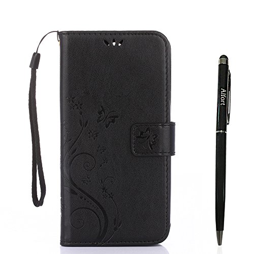 Alfort Samsung Galaxy A5 (2017) Hülle, Samsung Galaxy A5 (2017) Schutzhülle, Lederhülle PU Leder Tasche Cover Wallet Case für Samsung A5 2017 Smartphone Schmetterling (Schwarz) + Stylus Pen