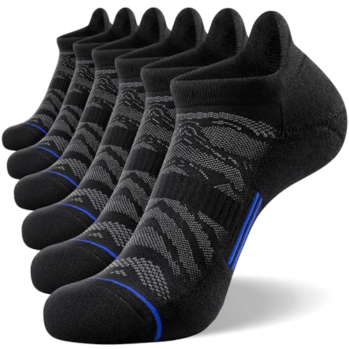 FITRELL 6 Pares de Calcetines Tobilleros Hombre con Soporte de Arco Acolchados Calcetines Cortos Mujer Transpirables para Deporte Running Ciclismo, Negro Azul, EU 43-46