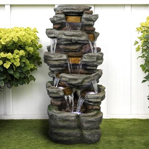 Image of SunJet 47.2 inch High Cascading Rock Outdoor Water Fountain with LED Lights - Large Outdoor Resin Fountains and Waterfalls for Garden or Patio, Yard, and Deck Decor, Featuring Natural Stone Look