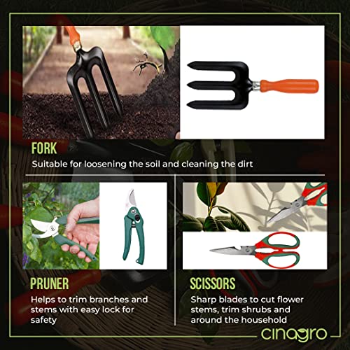 Image of Cinagro Garden Tools Kit (Set of 7) Weeder, 2 Trowels, Hand Fork, Cultivator, Scissors, Pruner | Gardening Tools Kit for Home Garden, Indoor and Outdoor Gardening