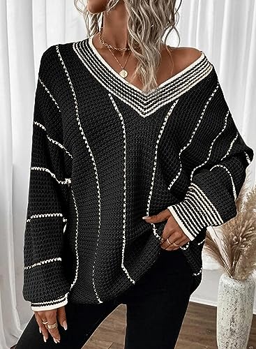 Image of Dokotoo Womens Oversized Striped Tunic Sweaters Casual V Neck Long Sleeve Color Block Knit Pullover Jumper Tops