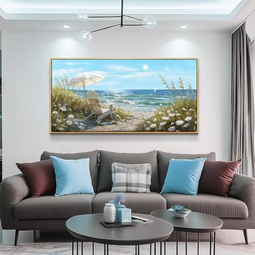 ERQINHUA Large Canvas Wall Decor For Living Room Wall Art For Bedroom Office Decor Blue Sea Ocean Paintings Beach Chair Wall Pictures Artworks Modern Home Decor Ready To Hang 30x60 In Wood Framed