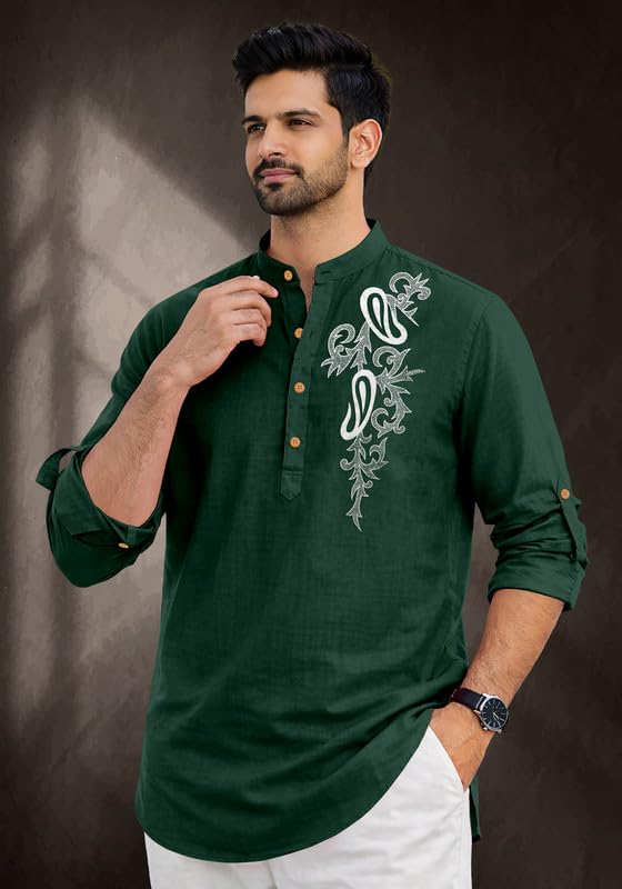 Image of Cotton Blend Self Design Printed Casual Short Kurta for Men Long Sleeve Mandarin Collar Stylish Kurta Shirt for Men