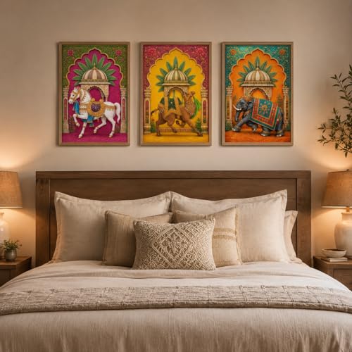 Image of Livin'luxe Set of 3 Royal Animal Palace Wall Paintings for Living Room Bedroom Hallway Decor with Premium Wooden Color Synthetic Frame (13.5 x 19.5 Inch) NM03-98