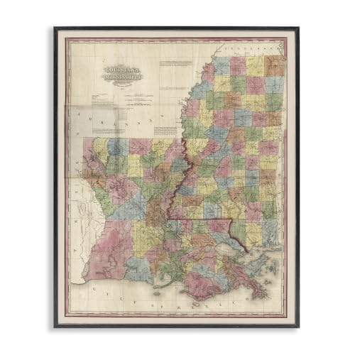 Louisiana Mississippi Vintage Map, 24 x 30 Inch Framed Giclée Print
