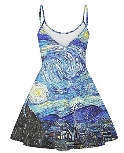 Joomeryer Women's Van Gogh Oil Painting Printed Spaghetti Straps V-Neck A-Line Swing Dress,Van Gogh The Starry Night,Xxl #TOP1